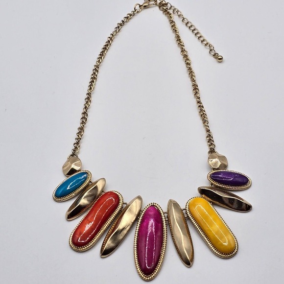 Statement Gold Tone Necklace Colorful Oval Pendants Womens Jewelry Boho Festival - Picture 2 of 7